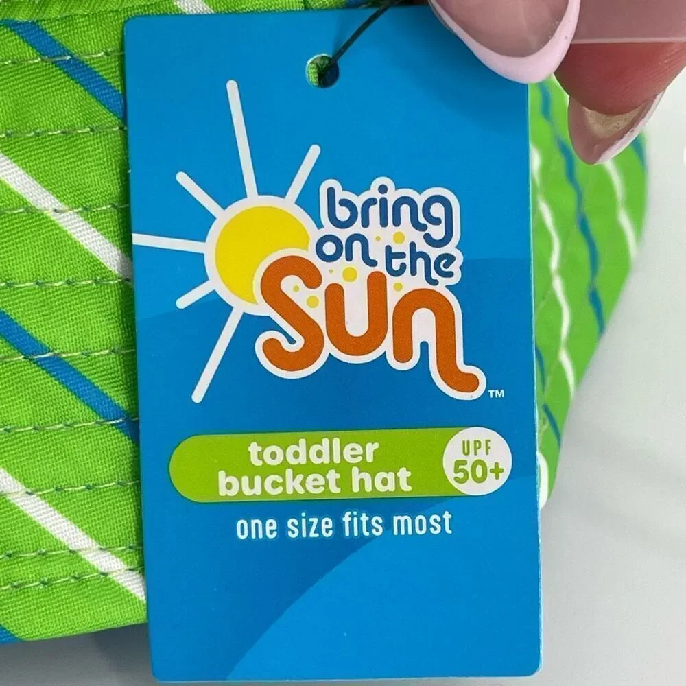 Bring On The Sun Toddler Reversible Bucket Hat- Striped Green Blue OSFM, UPF 50+
